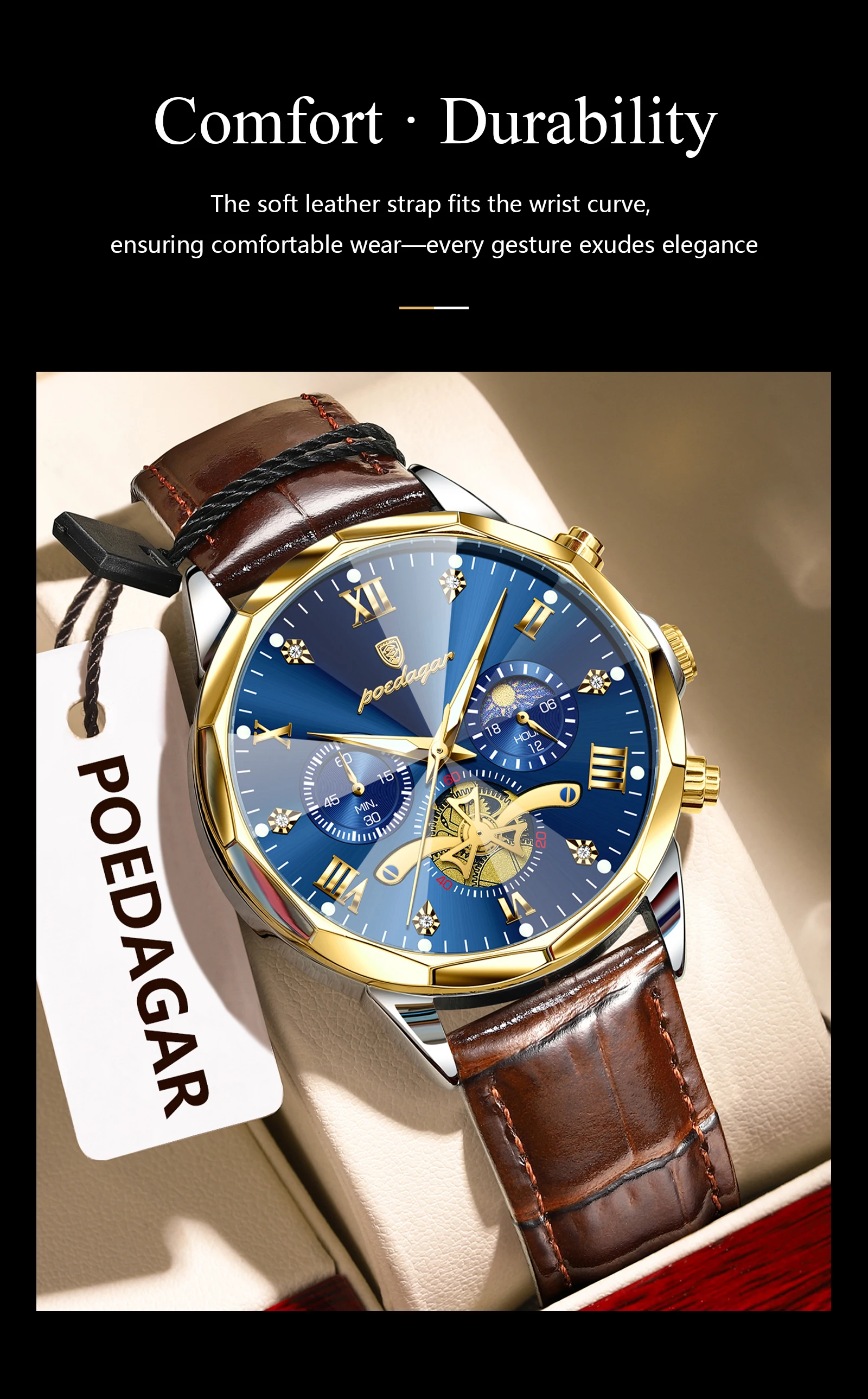 POEDAGAR Military Luxury Men Wristwatch Quartz Waterproof Luminous Chronograph Leather Man Watch Sports Men's Watches Male Reloj
