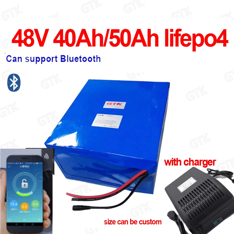 Gtk 16S 48V 40AH 50Ah Lifepo4 lithium battery pack with 50A 80A Bluetooth BMS APP for 2000W scooter bike tricycle boat go cart