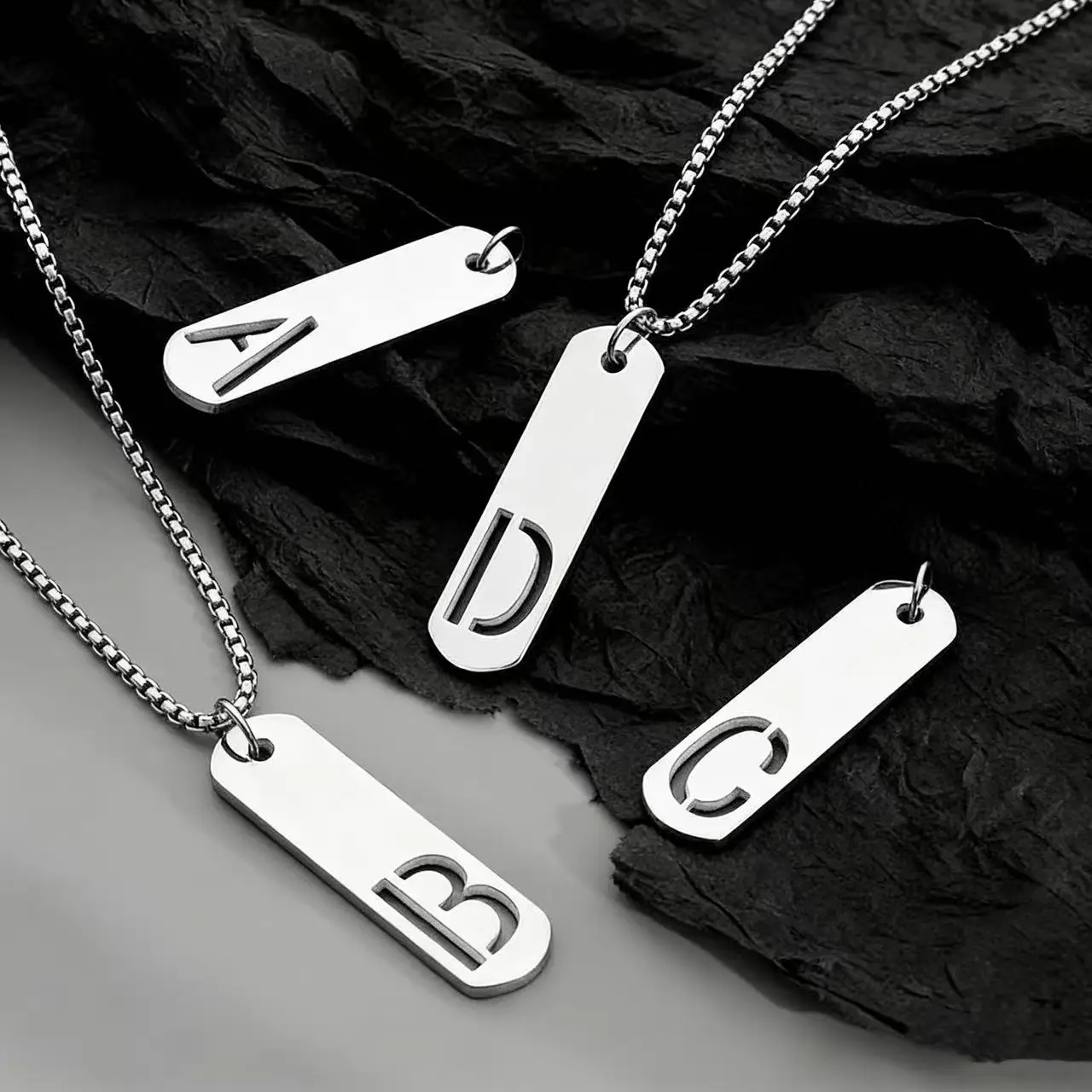 HNSP 26 Letter Rectangle Tags 316L Stainless Steel Initial Pendant Name Necklace For Men Jewelry Gift