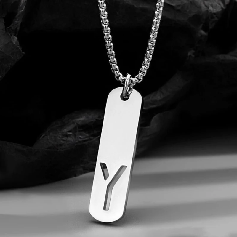 HNSP 26 Letter Rectangle Tags 316L Stainless Steel Initial Pendant Name Necklace For Men Jewelry Gift