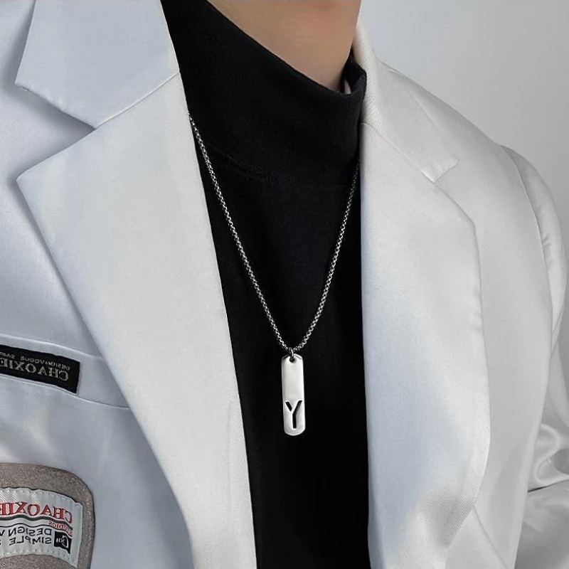 HNSP 26 Letter Rectangle Tags 316L Stainless Steel Initial Pendant Name Necklace For Men Jewelry Gift