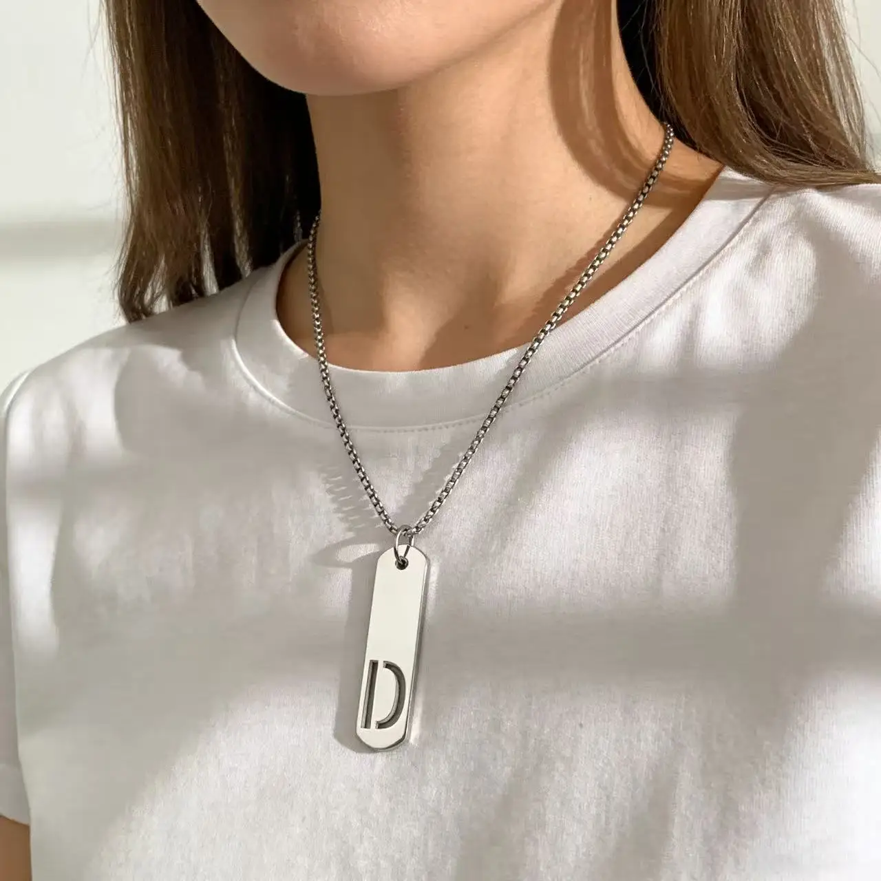 HNSP 26 Letter Rectangle Tags 316L Stainless Steel Initial Pendant Name Necklace For Men Jewelry Gift
