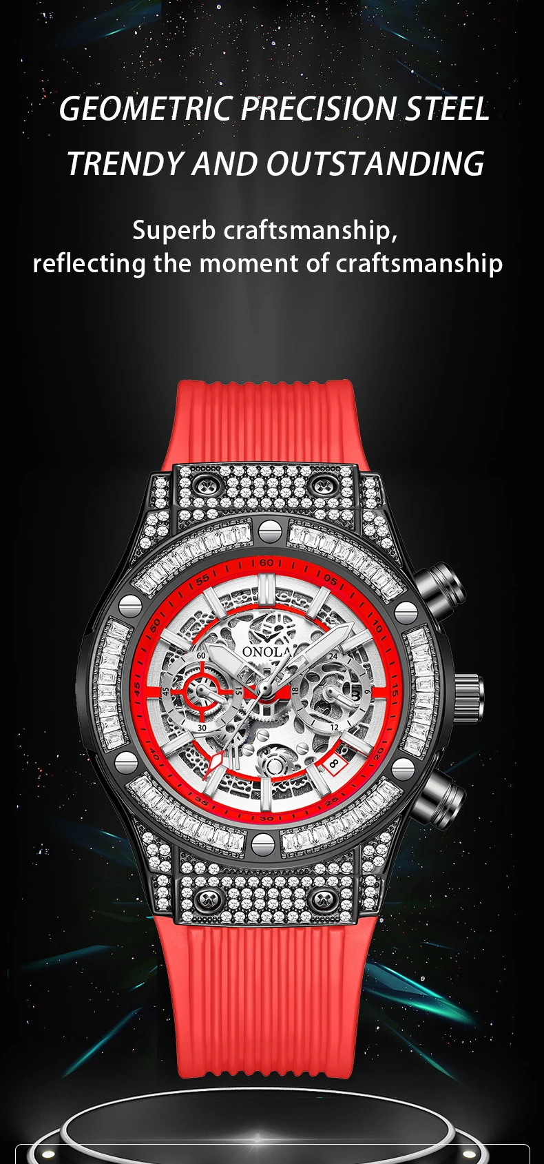 ONOLA Men's Skeleton Quartz Watch, Rhinestone Inlaid Case, Multifunctional Waterproof Sports Fashion Watch, A Gift For Men