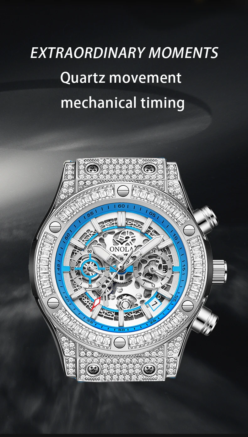 ONOLA Men's Skeleton Quartz Watch, Rhinestone Inlaid Case, Multifunctional Waterproof Sports Fashion Watch, A Gift For Men
