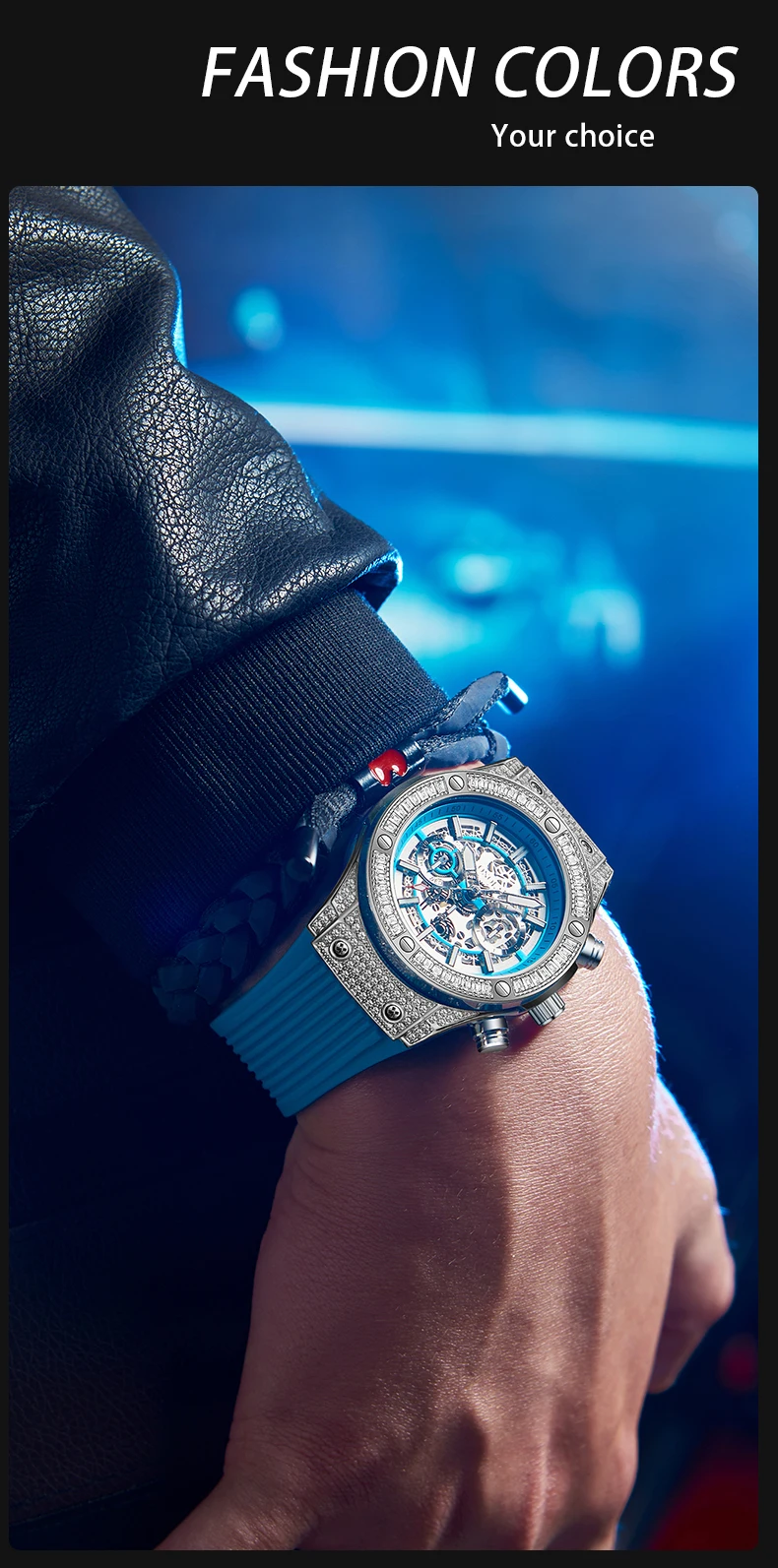 ONOLA Men's Skeleton Quartz Watch, Rhinestone Inlaid Case, Multifunctional Waterproof Sports Fashion Watch, A Gift For Men