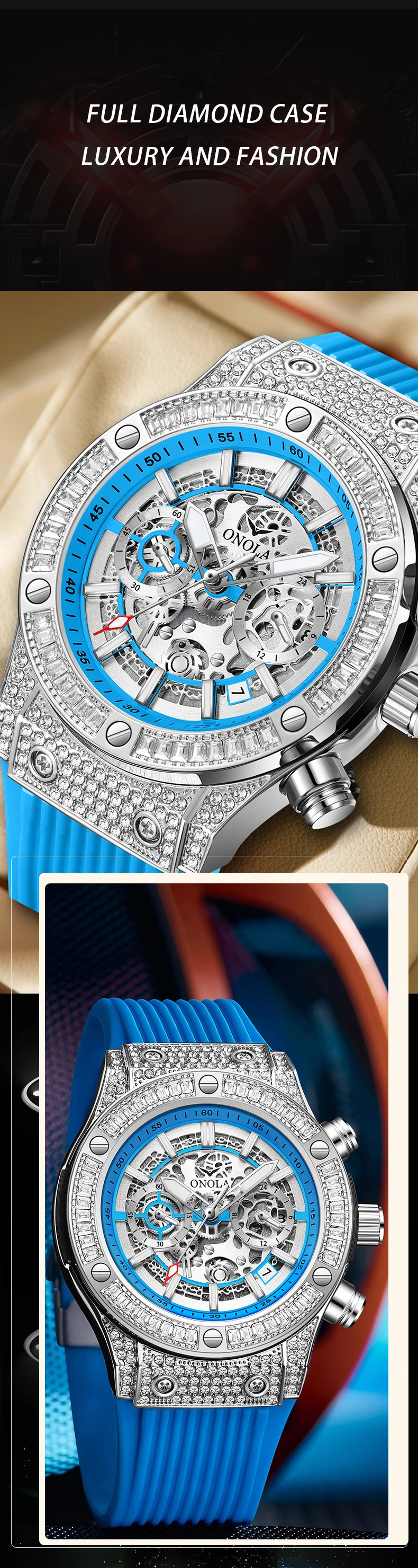 ONOLA Men's Skeleton Quartz Watch, Rhinestone Inlaid Case, Multifunctional Waterproof Sports Fashion Watch, A Gift For Men