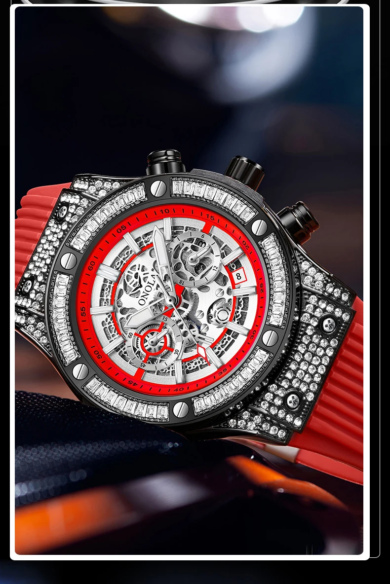 ONOLA Men's Skeleton Quartz Watch, Rhinestone Inlaid Case, Multifunctional Waterproof Sports Fashion Watch, A Gift For Men