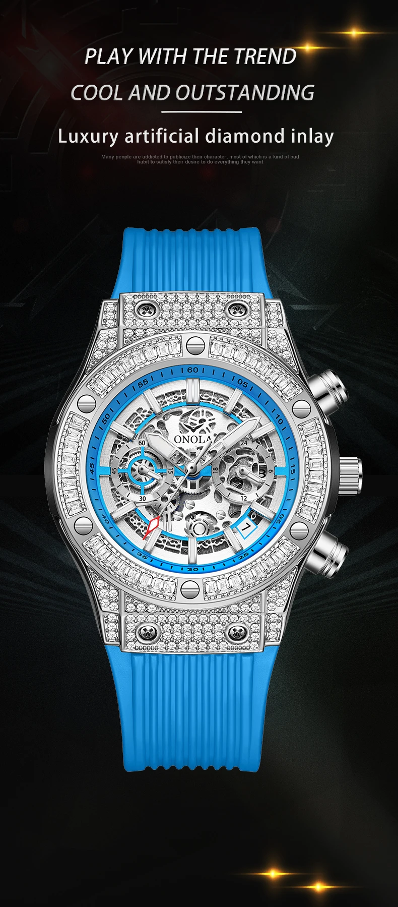 ONOLA Men's Skeleton Quartz Watch, Rhinestone Inlaid Case, Multifunctional Waterproof Sports Fashion Watch, A Gift For Men