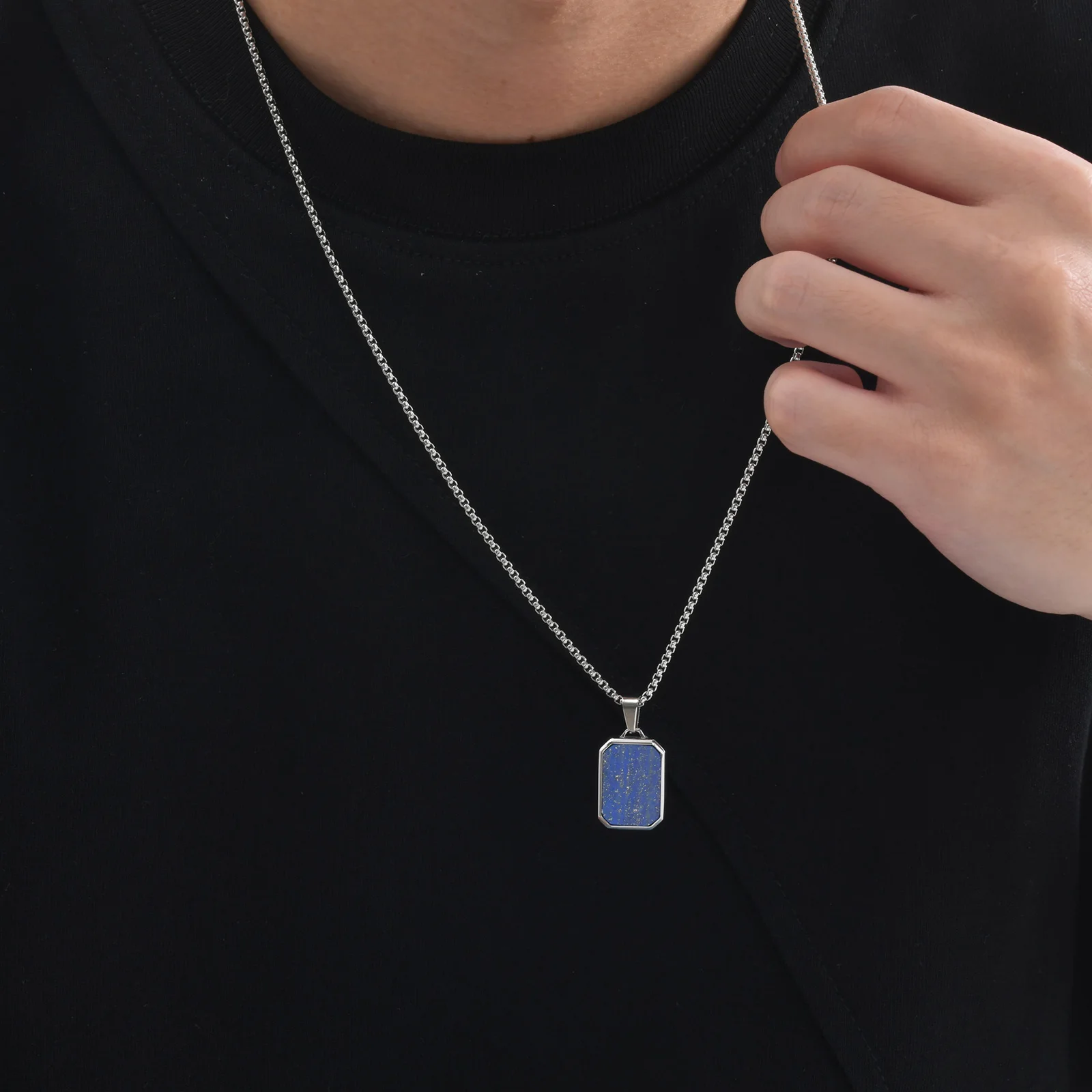 Trendy Pendant Necklaces for Men,Square Natural Stone Stainless Steel Necklaces,Hip Hop Healing Jewelry Gifts for Husband Dad