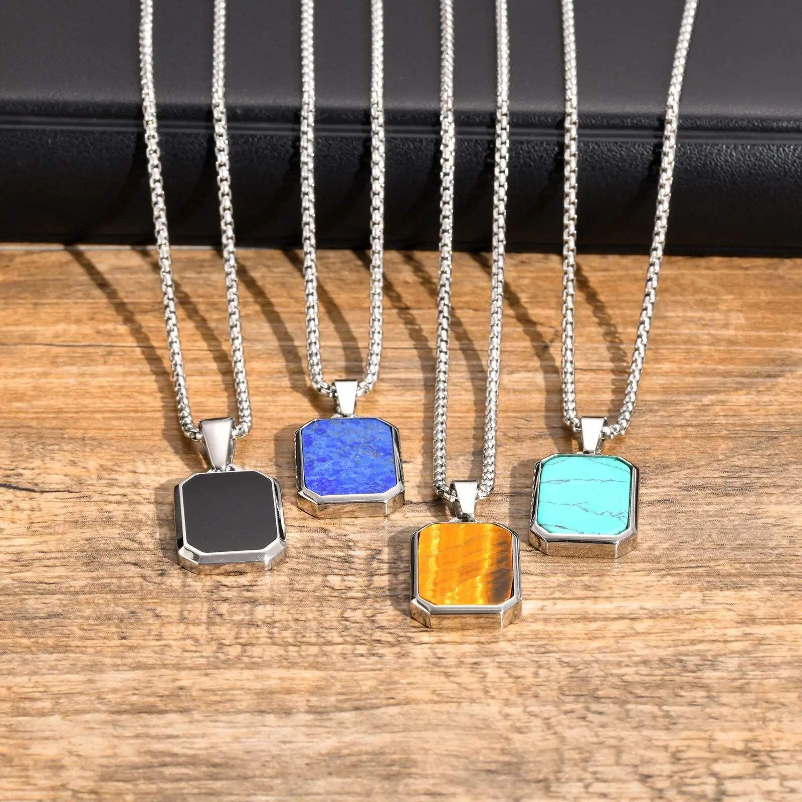 Trendy Pendant Necklaces for Men,Square Natural Stone Stainless Steel Necklaces,Hip Hop Healing Jewelry Gifts for Husband Dad