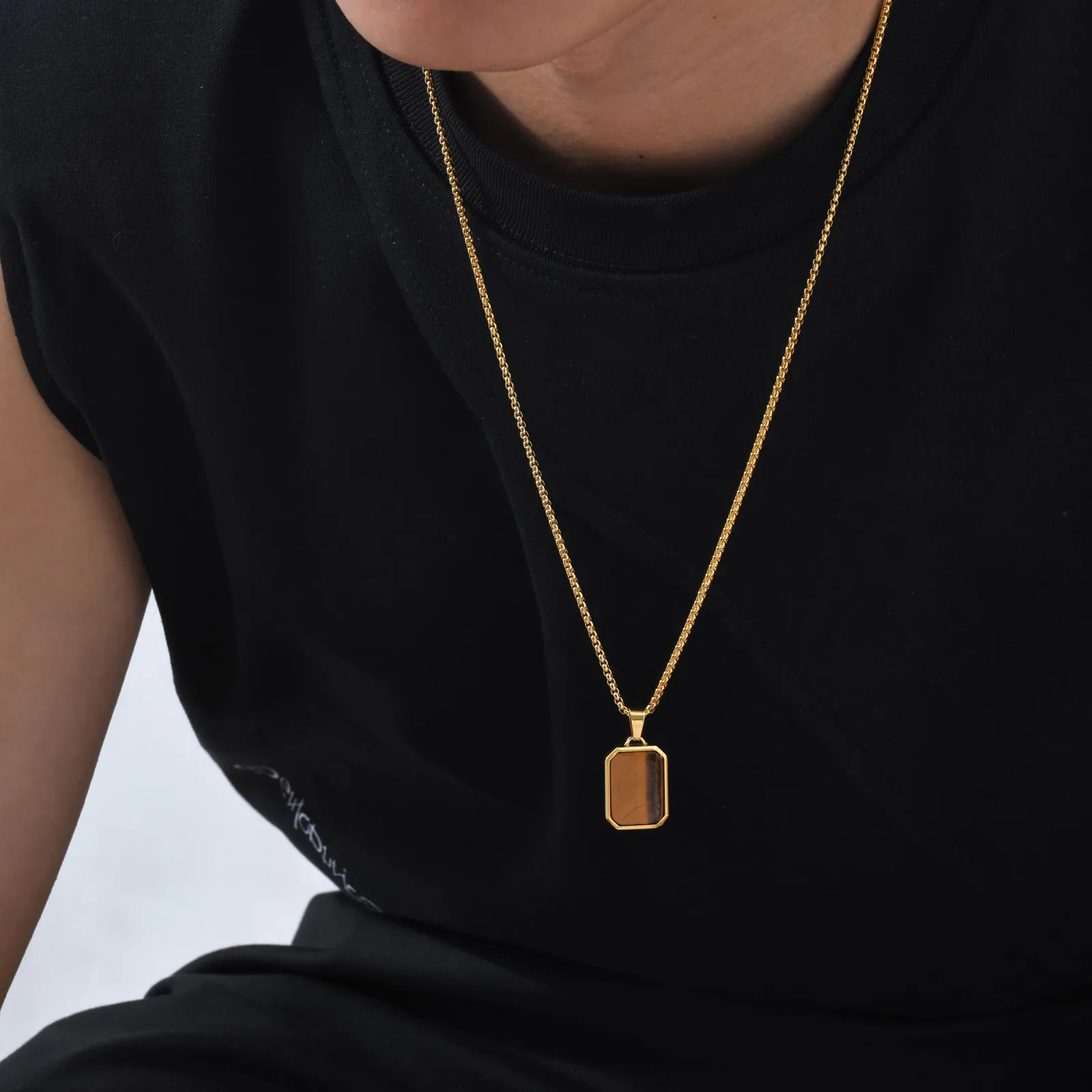 Trendy Pendant Necklaces for Men,Square Natural Stone Stainless Steel Necklaces,Hip Hop Healing Jewelry Gifts for Husband Dad