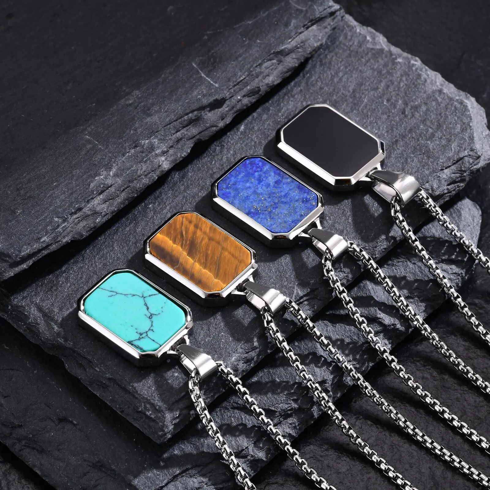 Trendy Pendant Necklaces for Men,Square Natural Stone Stainless Steel Necklaces,Hip Hop Healing Jewelry Gifts for Husband Dad