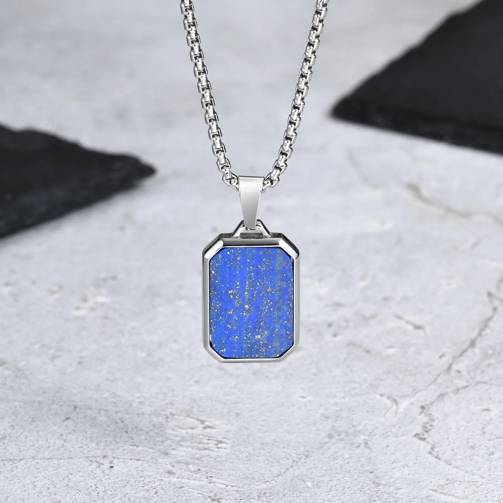 Trendy Pendant Necklaces for Men,Square Natural Stone Stainless Steel Necklaces,Hip Hop Healing Jewelry Gifts for Husband Dad
