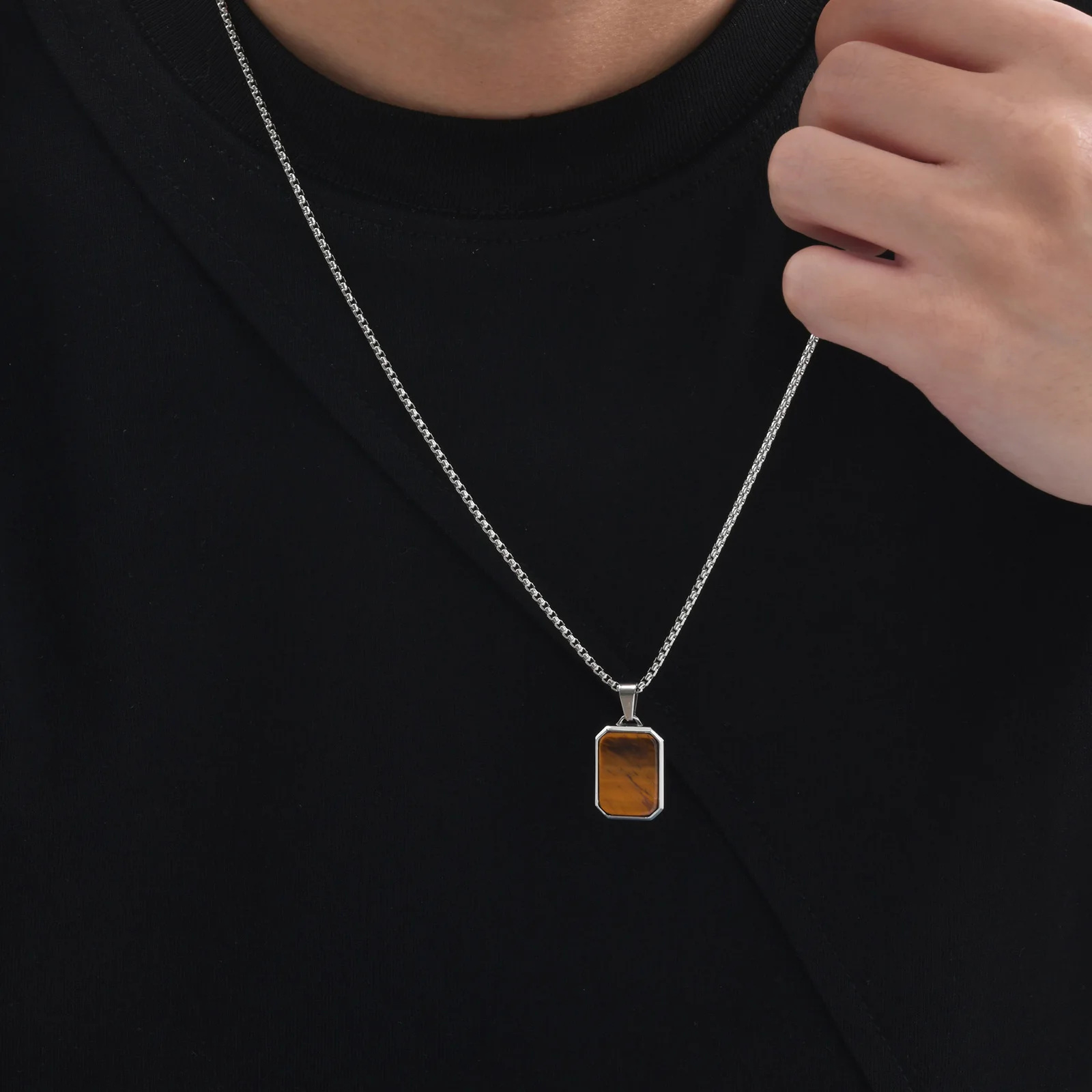 Trendy Pendant Necklaces for Men,Square Natural Stone Stainless Steel Necklaces,Hip Hop Healing Jewelry Gifts for Husband Dad