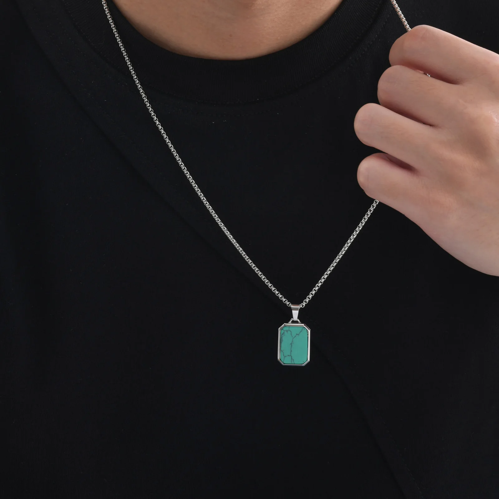 Trendy Pendant Necklaces for Men,Square Natural Stone Stainless Steel Necklaces,Hip Hop Healing Jewelry Gifts for Husband Dad