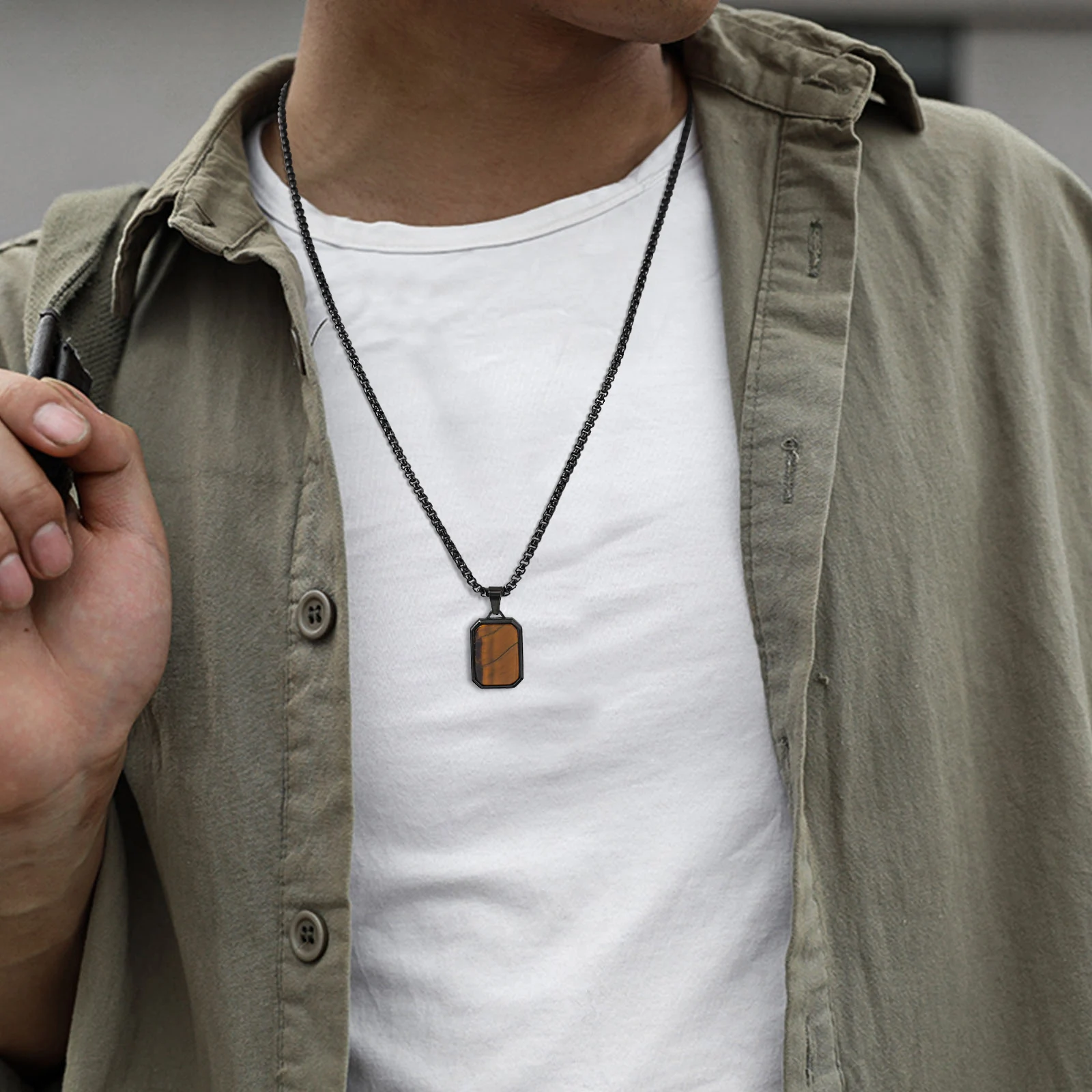 Trendy Pendant Necklaces for Men,Square Natural Stone Stainless Steel Necklaces,Hip Hop Healing Jewelry Gifts for Husband Dad
