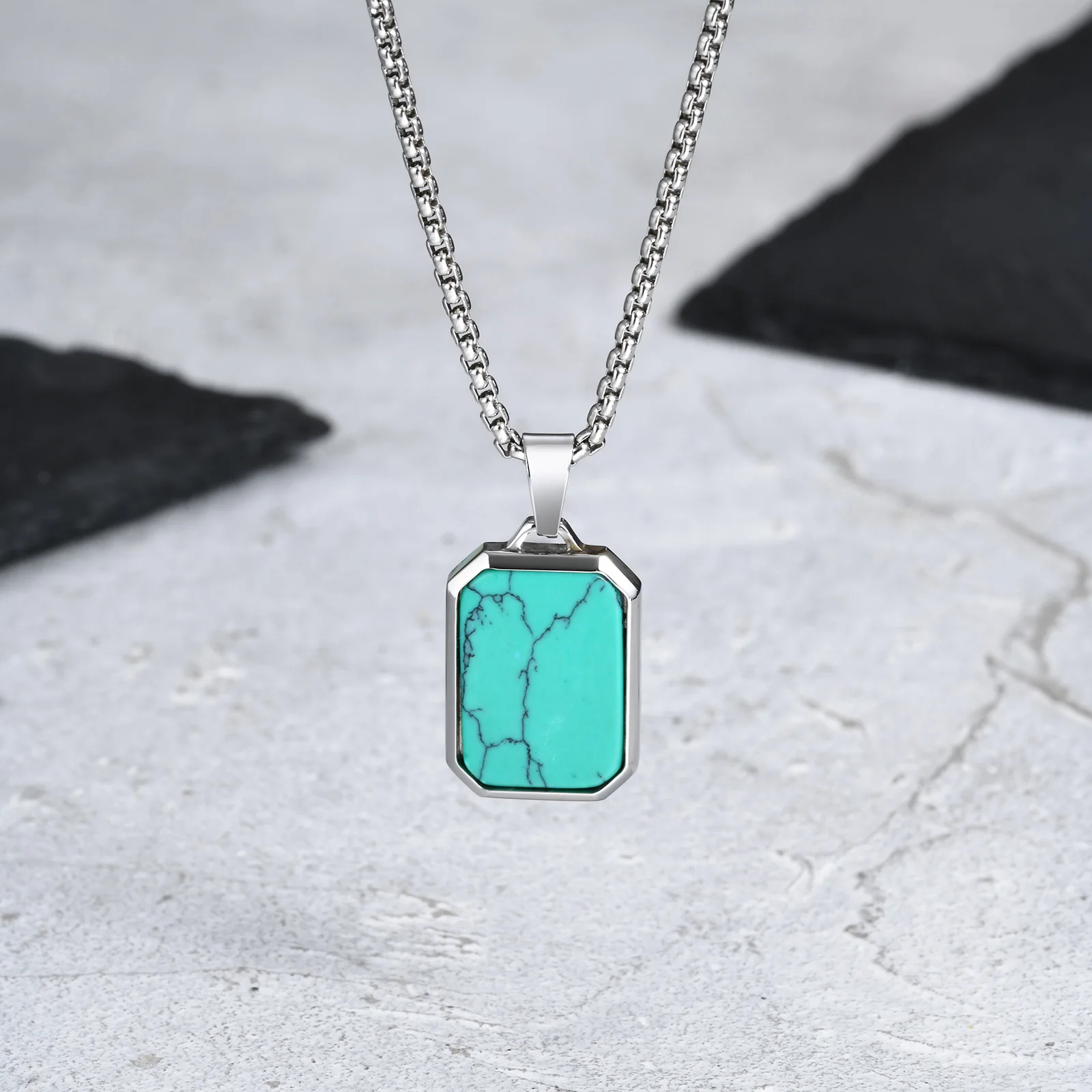Trendy Pendant Necklaces for Men,Square Natural Stone Stainless Steel Necklaces,Hip Hop Healing Jewelry Gifts for Husband Dad