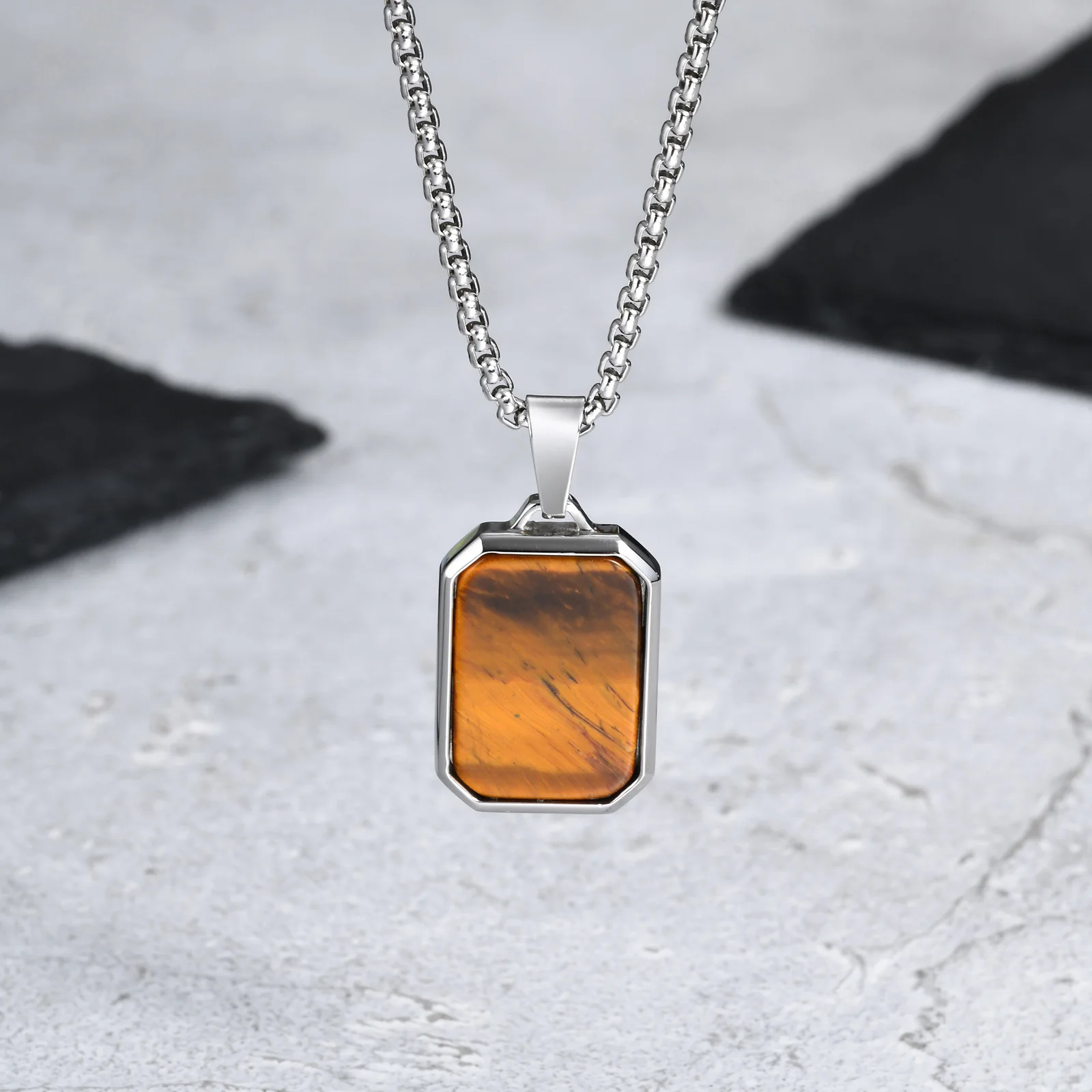 Trendy Pendant Necklaces for Men,Square Natural Stone Stainless Steel Necklaces,Hip Hop Healing Jewelry Gifts for Husband Dad