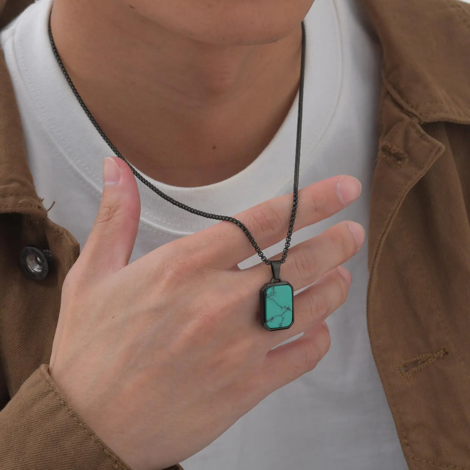 Trendy Pendant Necklaces for Men,Square Natural Stone Stainless Steel Necklaces,Hip Hop Healing Jewelry Gifts for Husband Dad