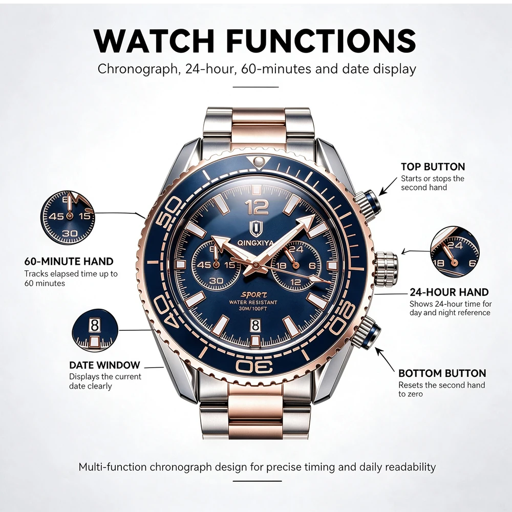 QINGXIYA Fashion Creative Men's Quartz Watch Waterproof Luminous Sport Chronograph Man Clock Date Business Watches For Men Reloj