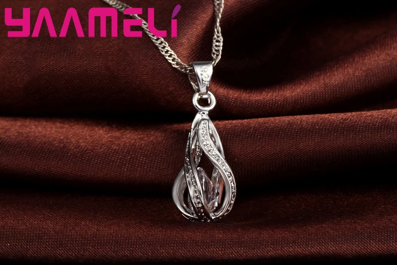 Hot Water Drop CZ 925 Sterling Silver Jewelry Set For Women Pendant Necklace Hoop Earrings Wedding Party Ceremoey Anel