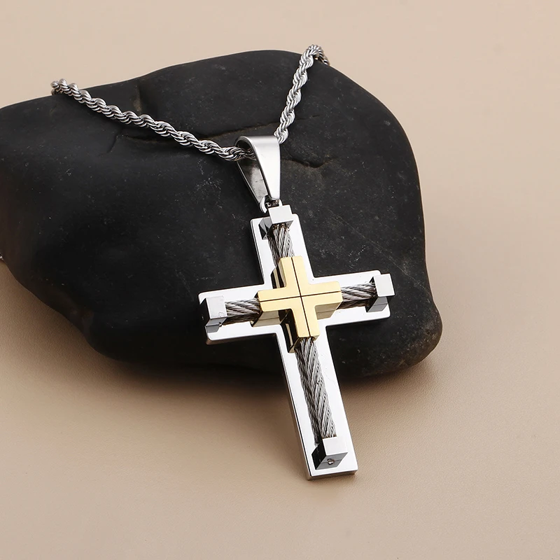 Fongten Stainless Steel Pendant Necklace for Men Multiple Color Cable Cross Twisted Link Chain Male Neck Christian Jewelry