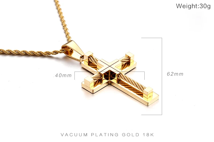 Fongten Stainless Steel Pendant Necklace for Men Multiple Color Cable Cross Twisted Link Chain Male Neck Christian Jewelry