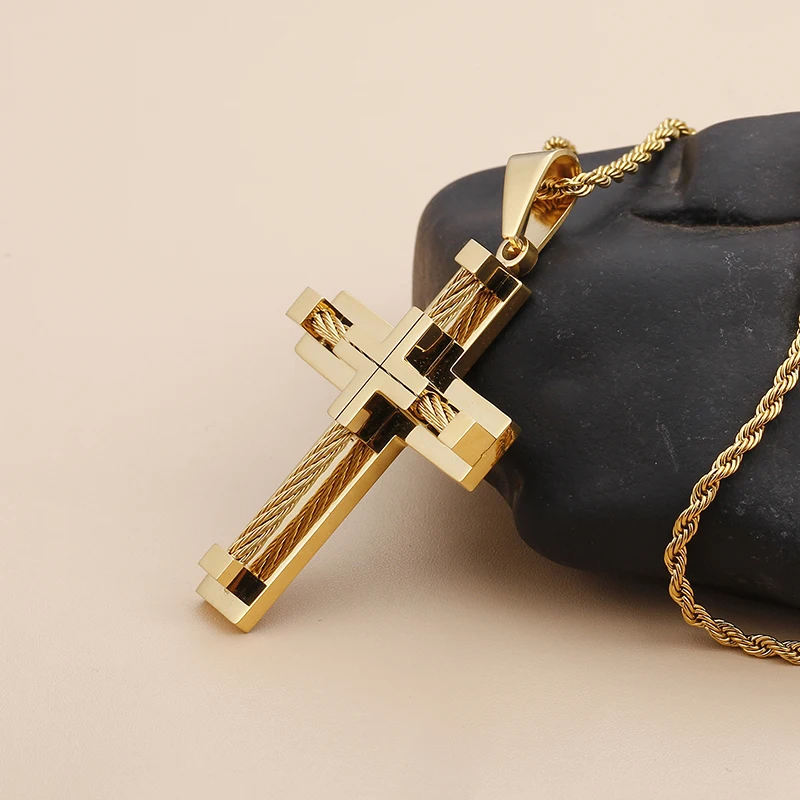 Fongten Stainless Steel Pendant Necklace for Men Multiple Color Cable Cross Twisted Link Chain Male Neck Christian Jewelry