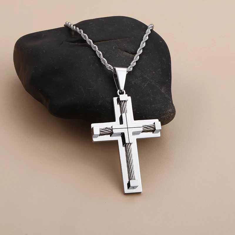Fongten Stainless Steel Pendant Necklace for Men Multiple Color Cable Cross Twisted Link Chain Male Neck Christian Jewelry