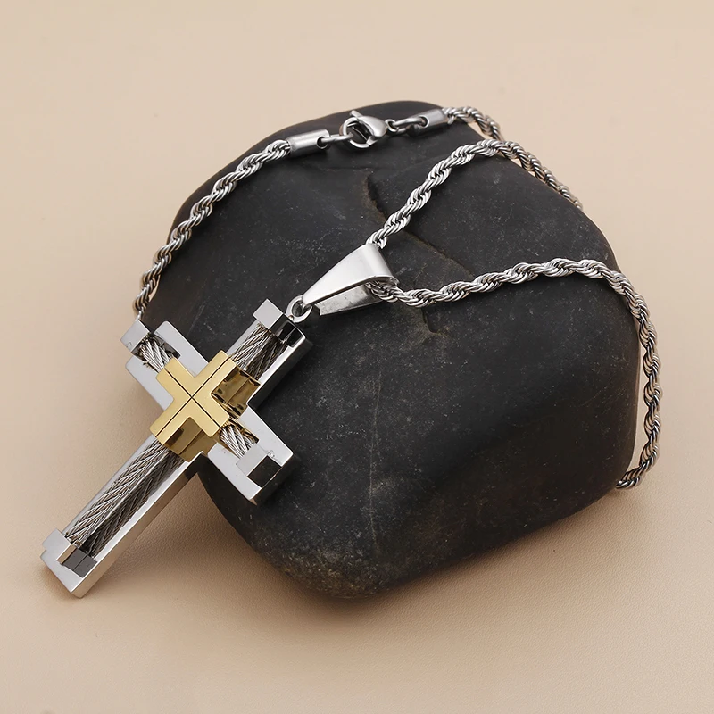 Fongten Stainless Steel Pendant Necklace for Men Multiple Color Cable Cross Twisted Link Chain Male Neck Christian Jewelry