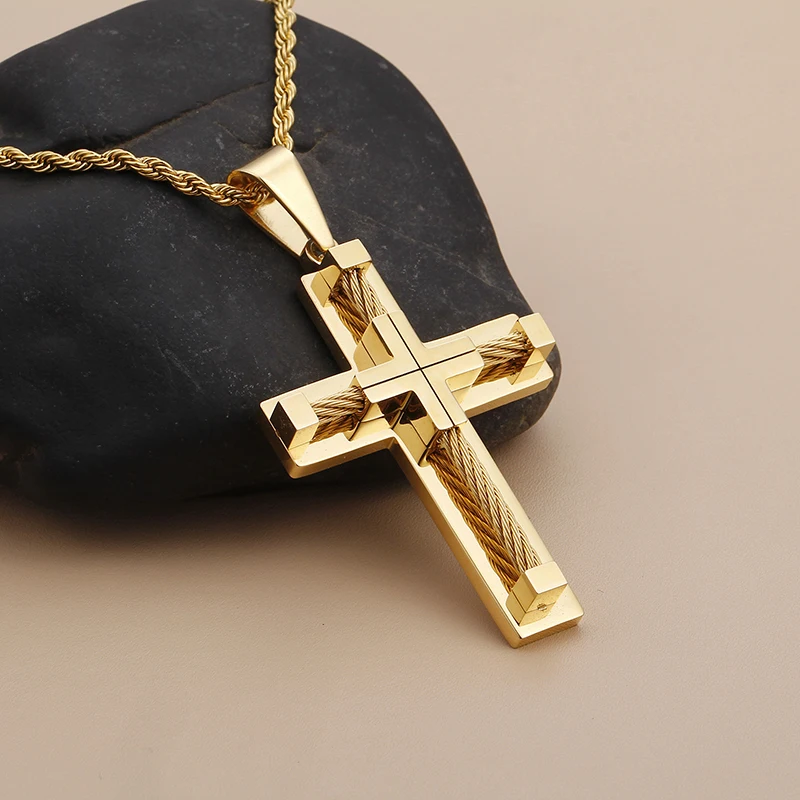 Fongten Stainless Steel Pendant Necklace for Men Multiple Color Cable Cross Twisted Link Chain Male Neck Christian Jewelry