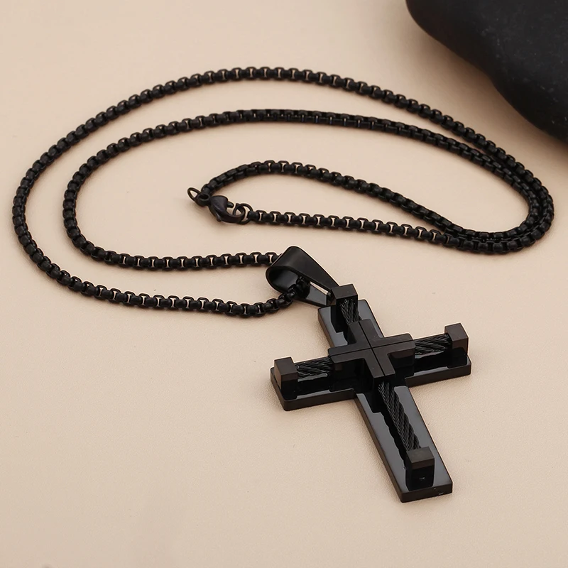 Fongten Stainless Steel Pendant Necklace for Men Multiple Color Cable Cross Twisted Link Chain Male Neck Christian Jewelry