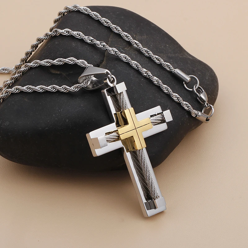Fongten Stainless Steel Pendant Necklace for Men Multiple Color Cable Cross Twisted Link Chain Male Neck Christian Jewelry