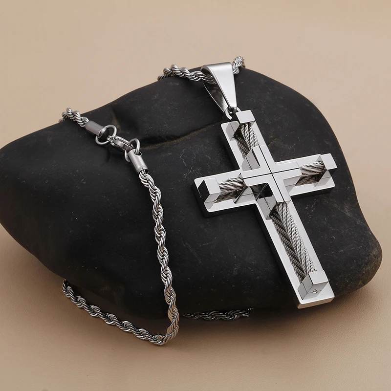 Fongten Stainless Steel Pendant Necklace for Men Multiple Color Cable Cross Twisted Link Chain Male Neck Christian Jewelry