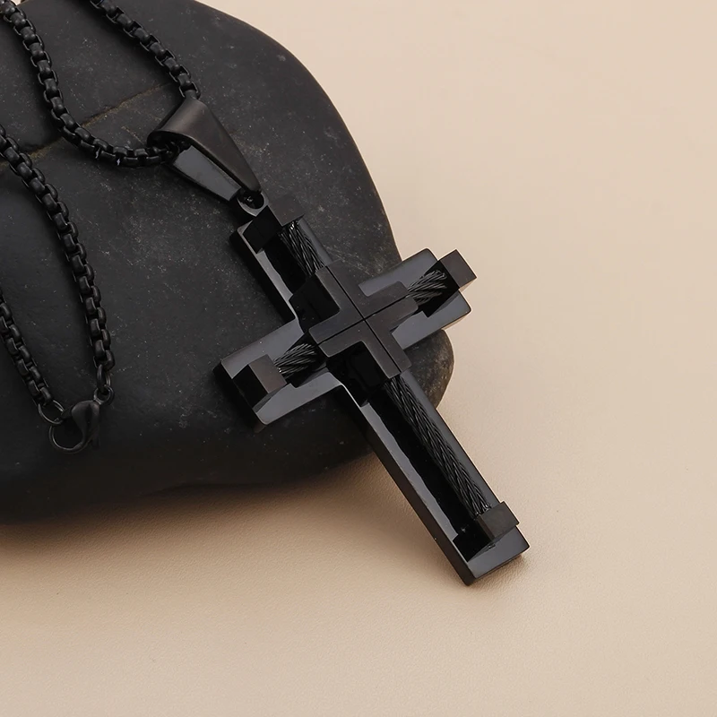 Fongten Stainless Steel Pendant Necklace for Men Multiple Color Cable Cross Twisted Link Chain Male Neck Christian Jewelry