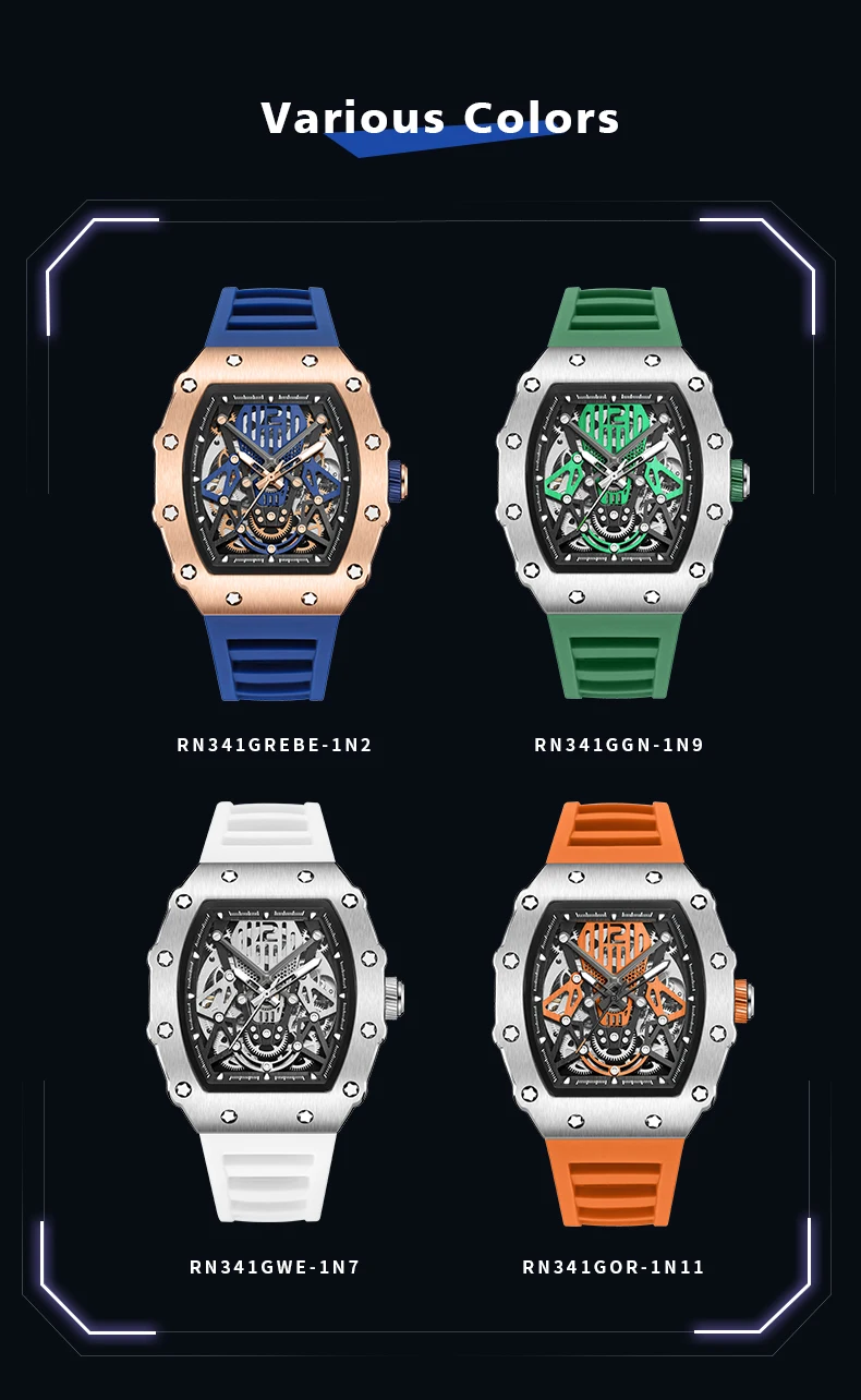 MEGIR & RUIMAS Green Automatic Watch for Men Fashion Sport Waterproof Mechanical Wristwatch with Silicone Strap Tonneau Dial 341
