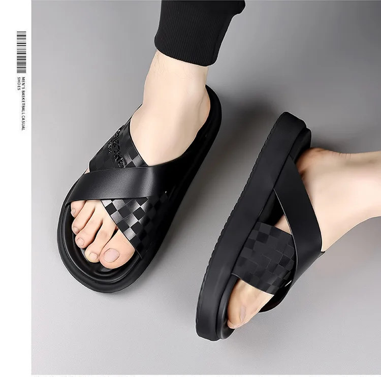 Summer New Fashion Outside Wear Slippers for Men Business Casual Black Leisure Genuine Leather Beach Shoes Slippers Man