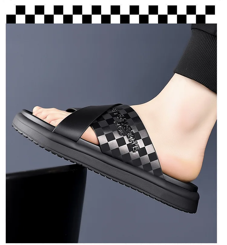 Summer New Fashion Outside Wear Slippers for Men Business Casual Black Leisure Genuine Leather Beach Shoes Slippers Man