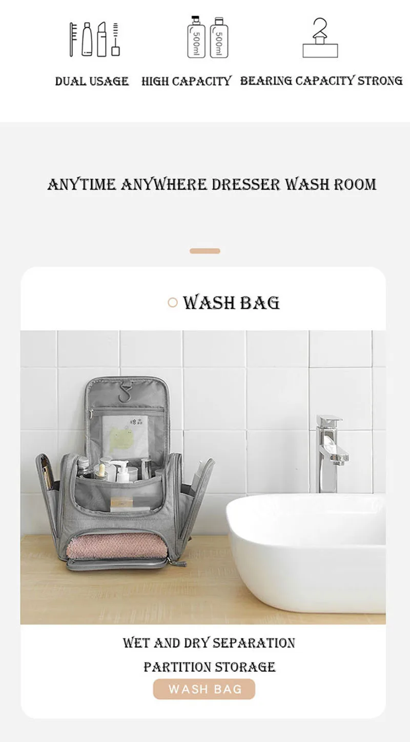 Waterproof Men Hanging Cosmetic Bag Travel Organizer Makeup Bag for Women Necessaries Make Up Case Wet Dry Wash Toiletry Bag