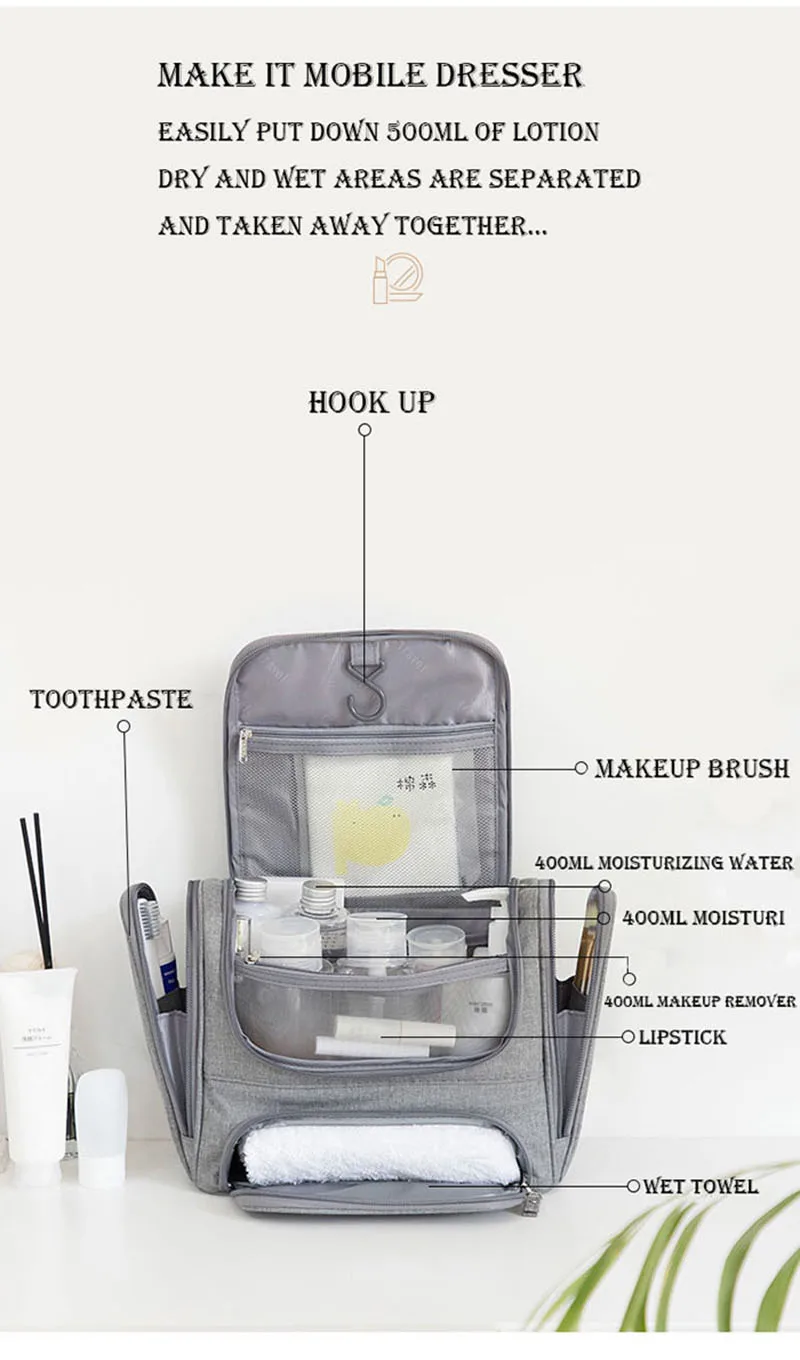 Waterproof Men Hanging Cosmetic Bag Travel Organizer Makeup Bag for Women Necessaries Make Up Case Wet Dry Wash Toiletry Bag
