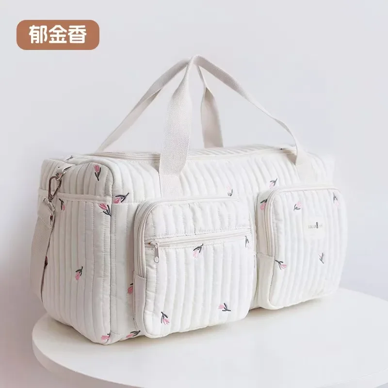 Baby Diaper Bag Cute Bear Flower Embroidery Pattern Mommy Bag Baby Beige Cotton Fabric Zipper Diaper Handbag New Luggage Bag