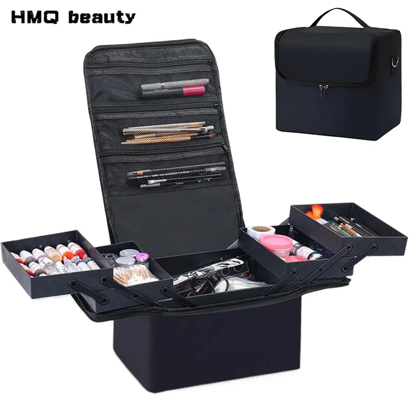 Large Capacity Makeup Train Case Foldable Multi-layer Adjustable Trays Manicurist Box Portable Cosmetic Storage Nail Organizer