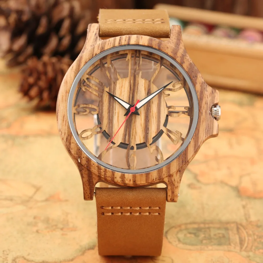 Retro Hollow Transparent Dial Wooden Watches Quartz Timepieces Clock Male Mens Watches Retro Leather Man Clock Relogio Masculino