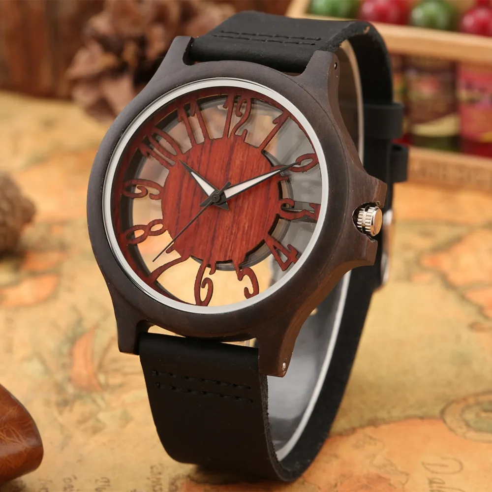 Retro Hollow Transparent Dial Wooden Watches Quartz Timepieces Clock Male Mens Watches Retro Leather Man Clock Relogio Masculino