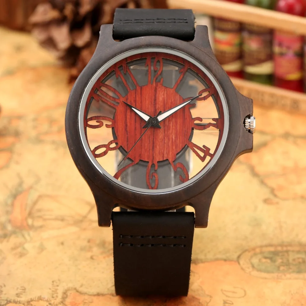 Retro Hollow Transparent Dial Wooden Watches Quartz Timepieces Clock Male Mens Watches Retro Leather Man Clock Relogio Masculino