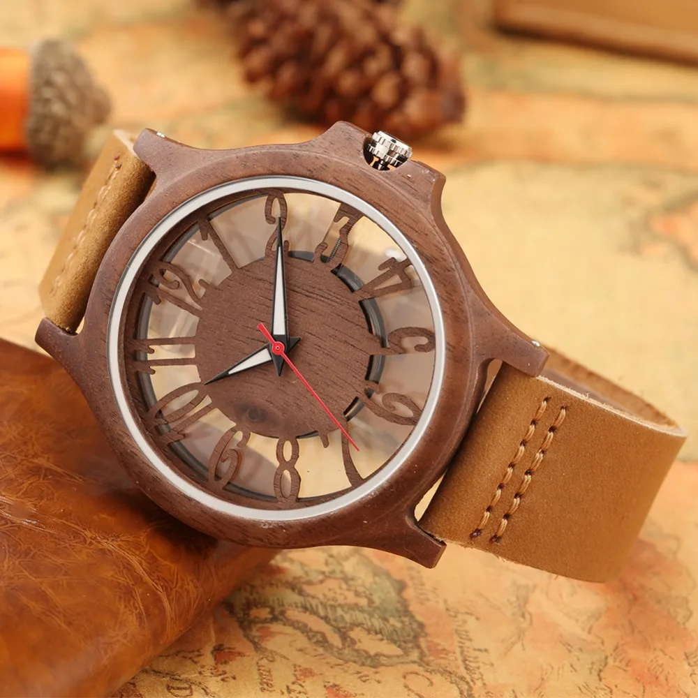 Retro Hollow Transparent Dial Wooden Watches Quartz Timepieces Clock Male Mens Watches Retro Leather Man Clock Relogio Masculino