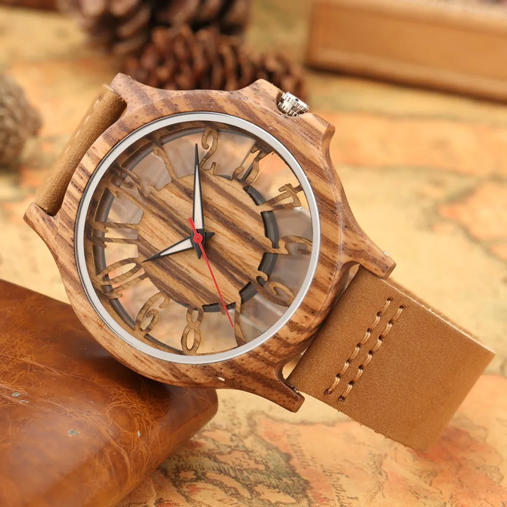 Retro Hollow Transparent Dial Wooden Watches Quartz Timepieces Clock Male Mens Watches Retro Leather Man Clock Relogio Masculino