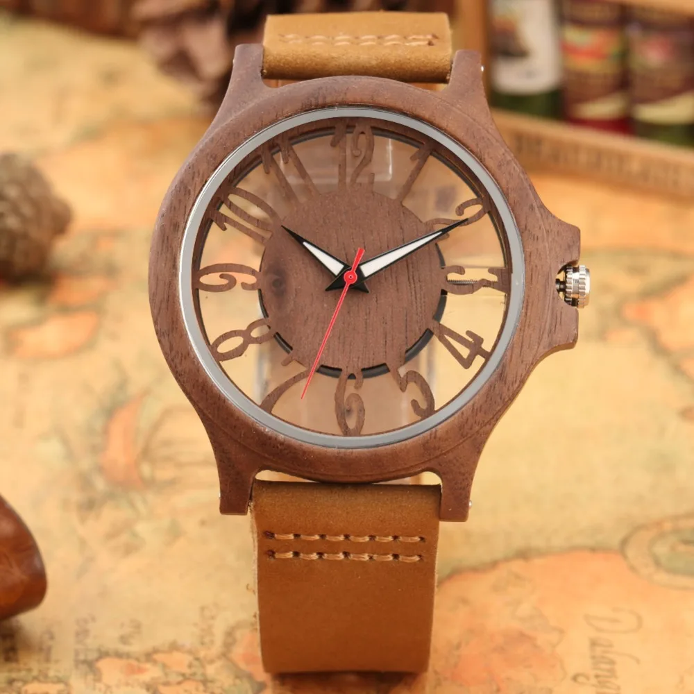 Retro Hollow Transparent Dial Wooden Watches Quartz Timepieces Clock Male Mens Watches Retro Leather Man Clock Relogio Masculino