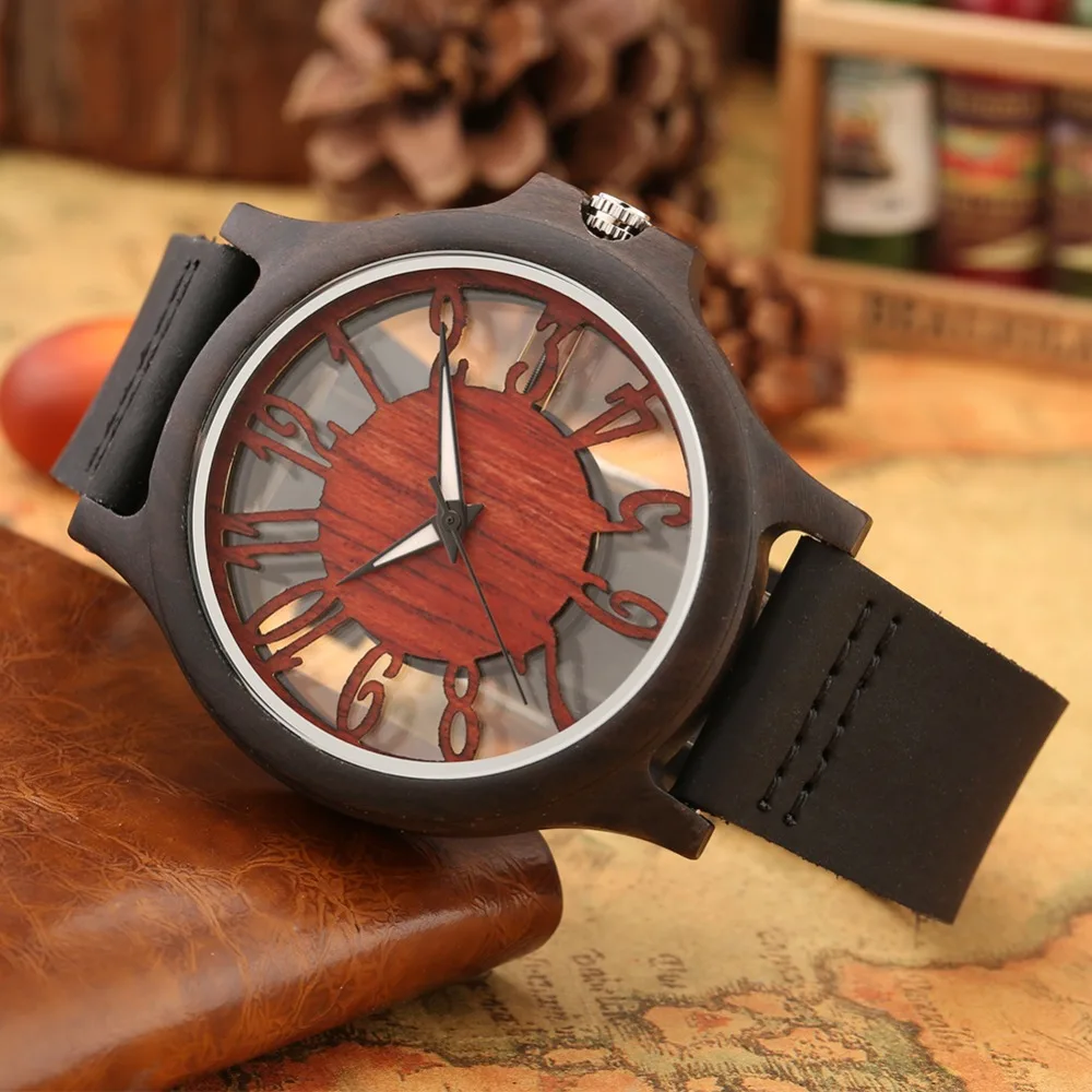 Retro Hollow Transparent Dial Wooden Watches Quartz Timepieces Clock Male Mens Watches Retro Leather Man Clock Relogio Masculino
