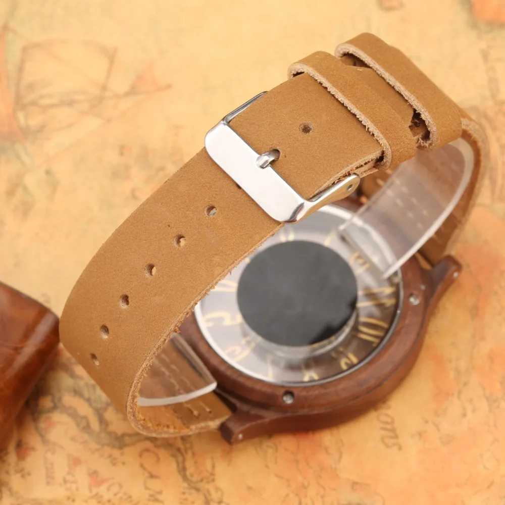 Retro Hollow Transparent Dial Wooden Watches Quartz Timepieces Clock Male Mens Watches Retro Leather Man Clock Relogio Masculino